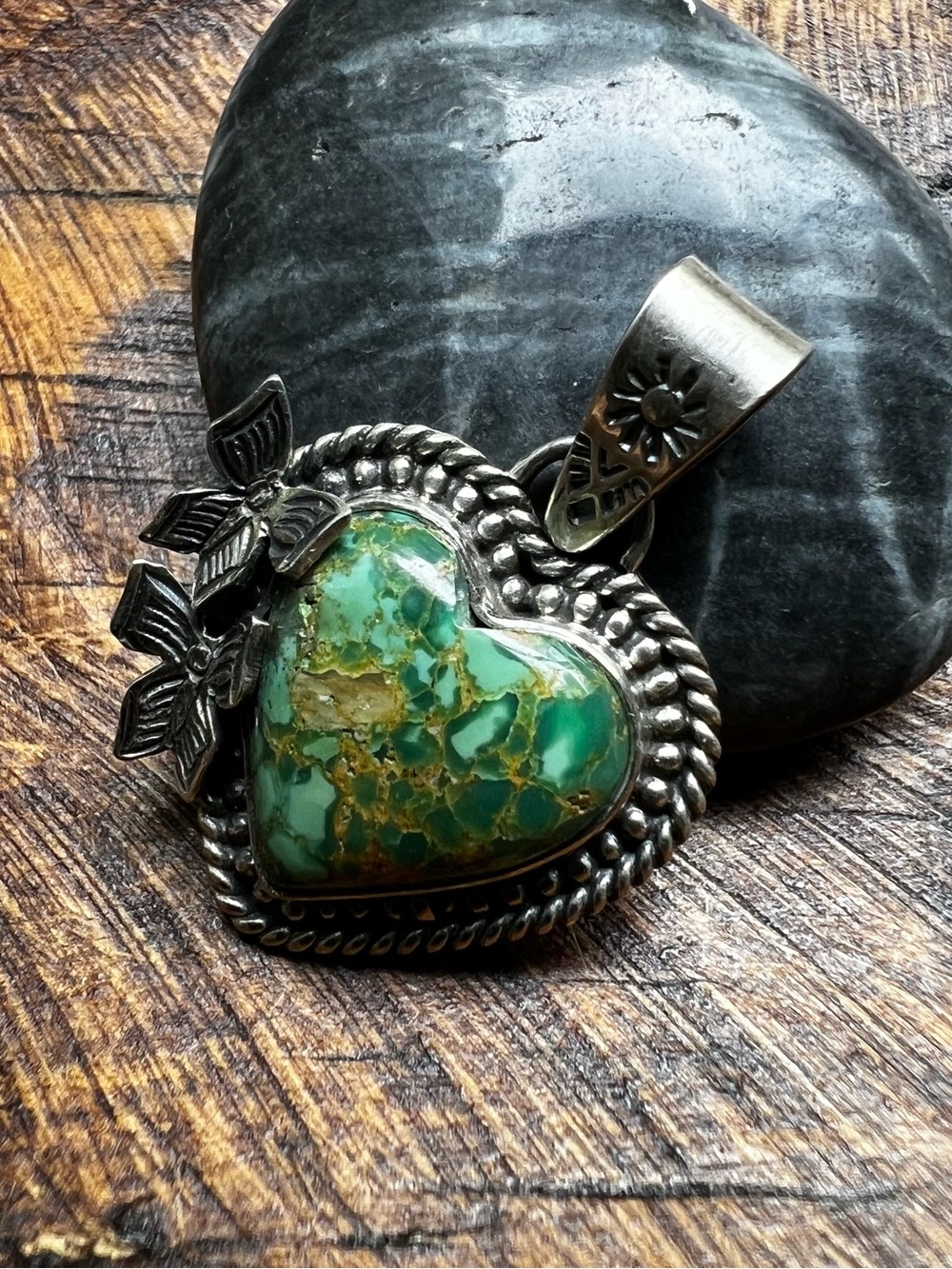 Sterling Silver Green Kingman Turquoise Heart Pendant | Southwestern - Picture 3 of 12